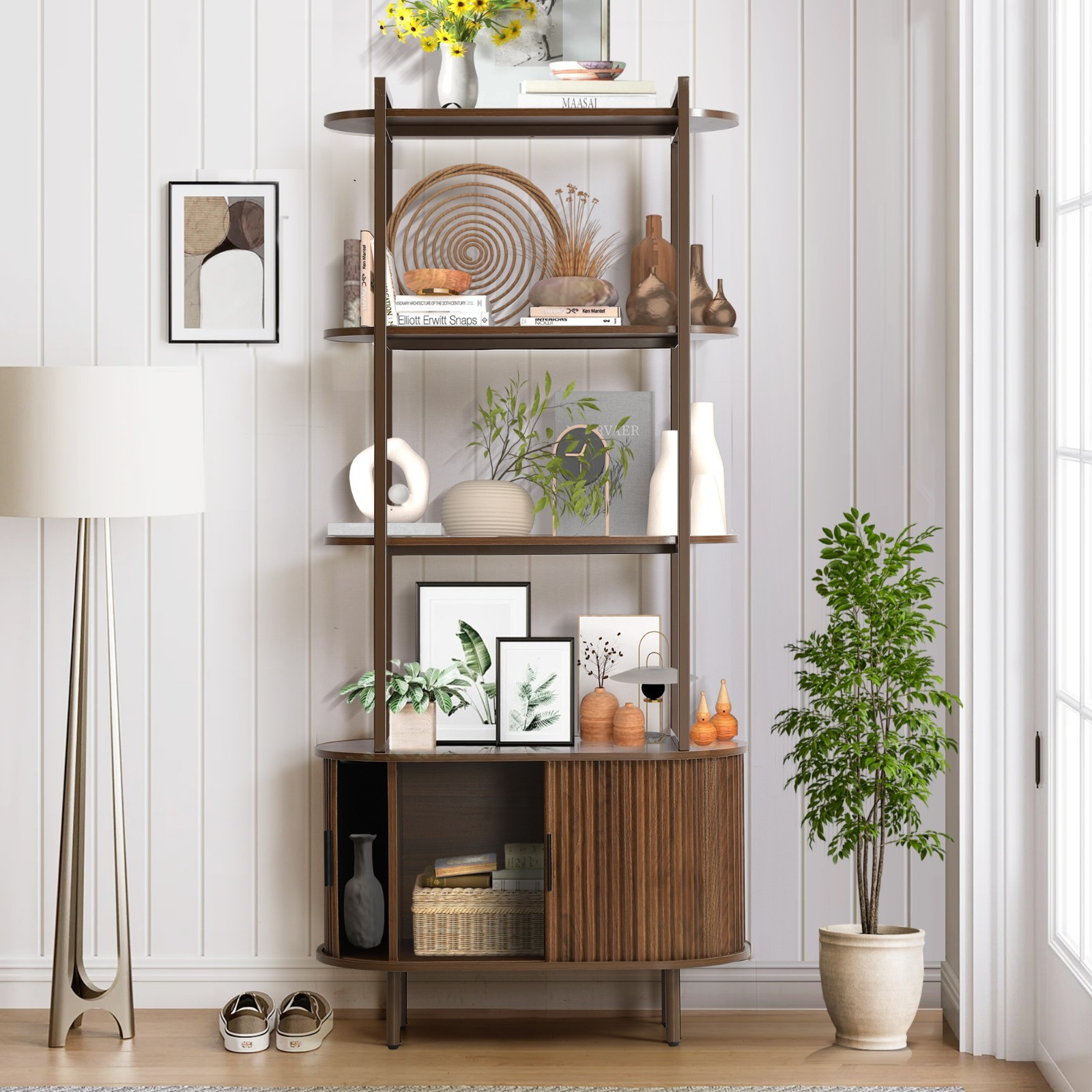 71" Tall Fluted Bookshelf with Sliding Tambour Doors, Modern 4-Tier Book Shelf gallery
