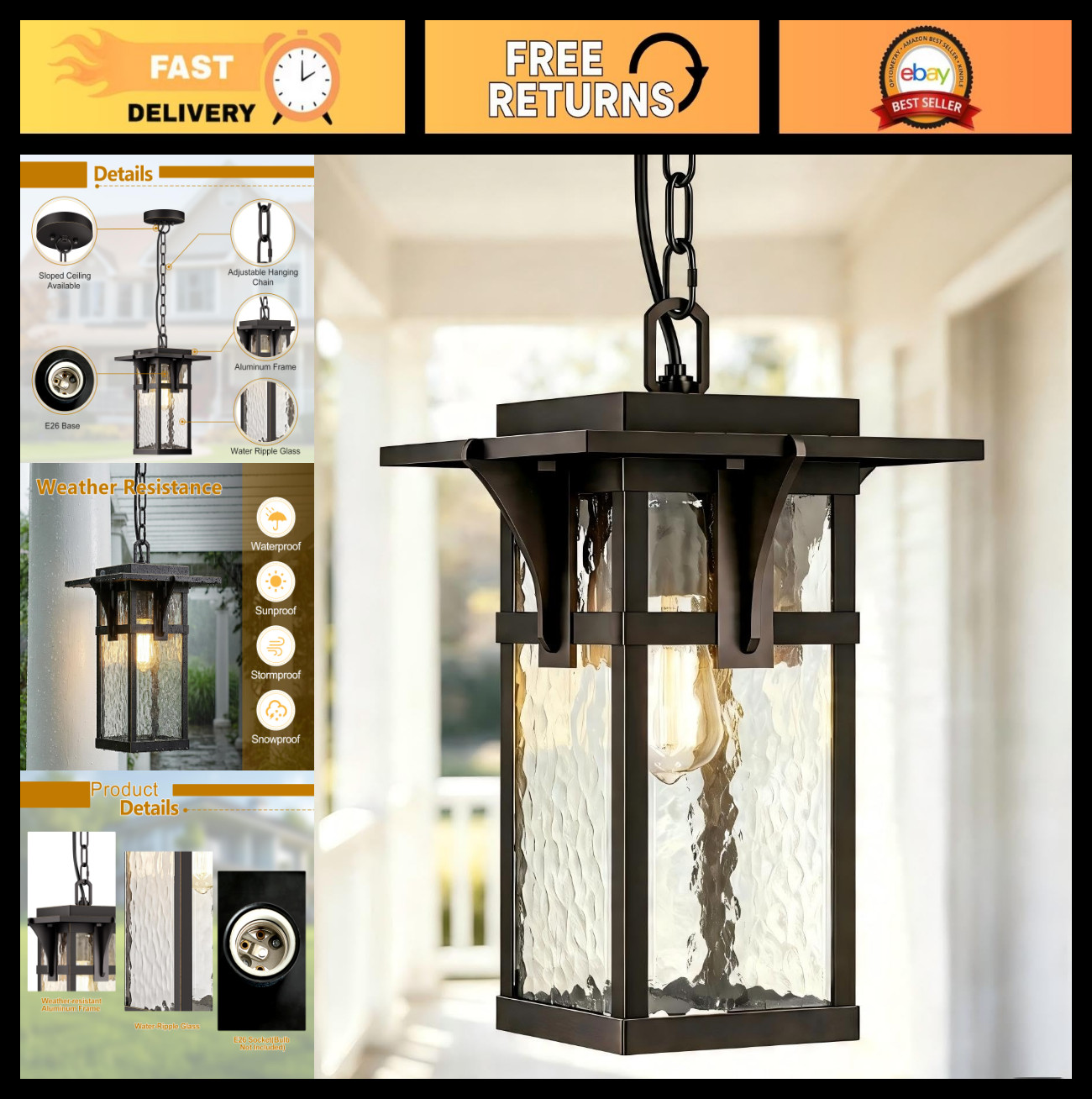 Outdoor Pendant Light Fixture - Black Gold Aluminum Chandelier, Metal Hanging Po gallery