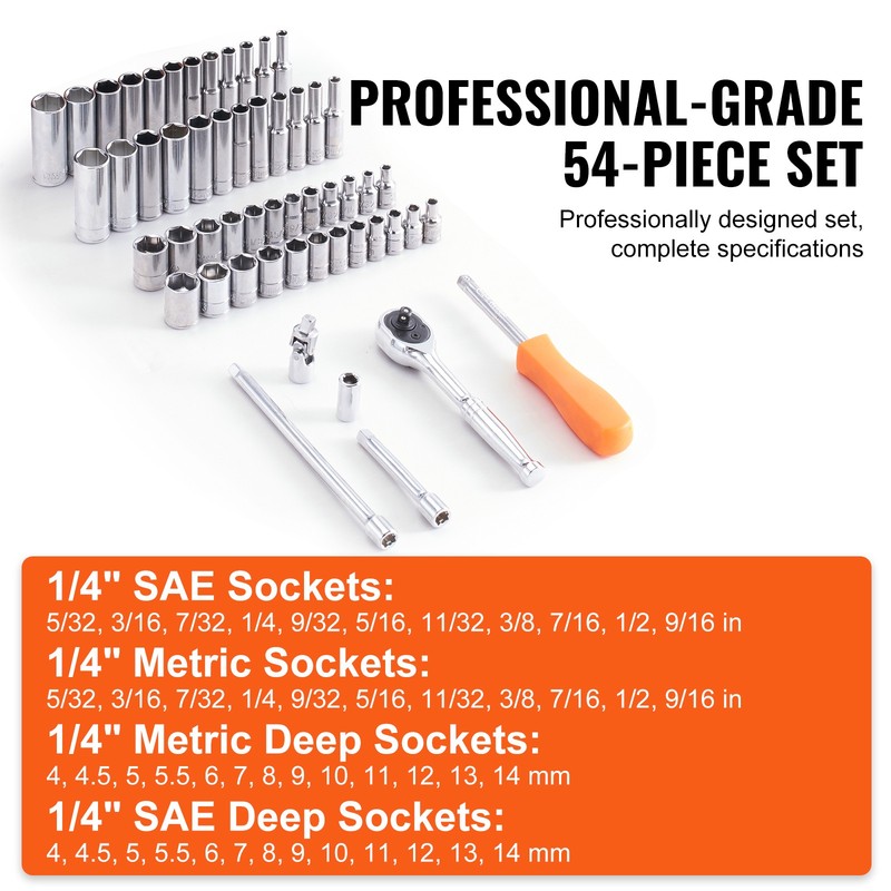 VEVOR Socket Set 1/4 Inch Drive Socket and Ratchet Set 6-Point 54 Pcs Tool Set gallery