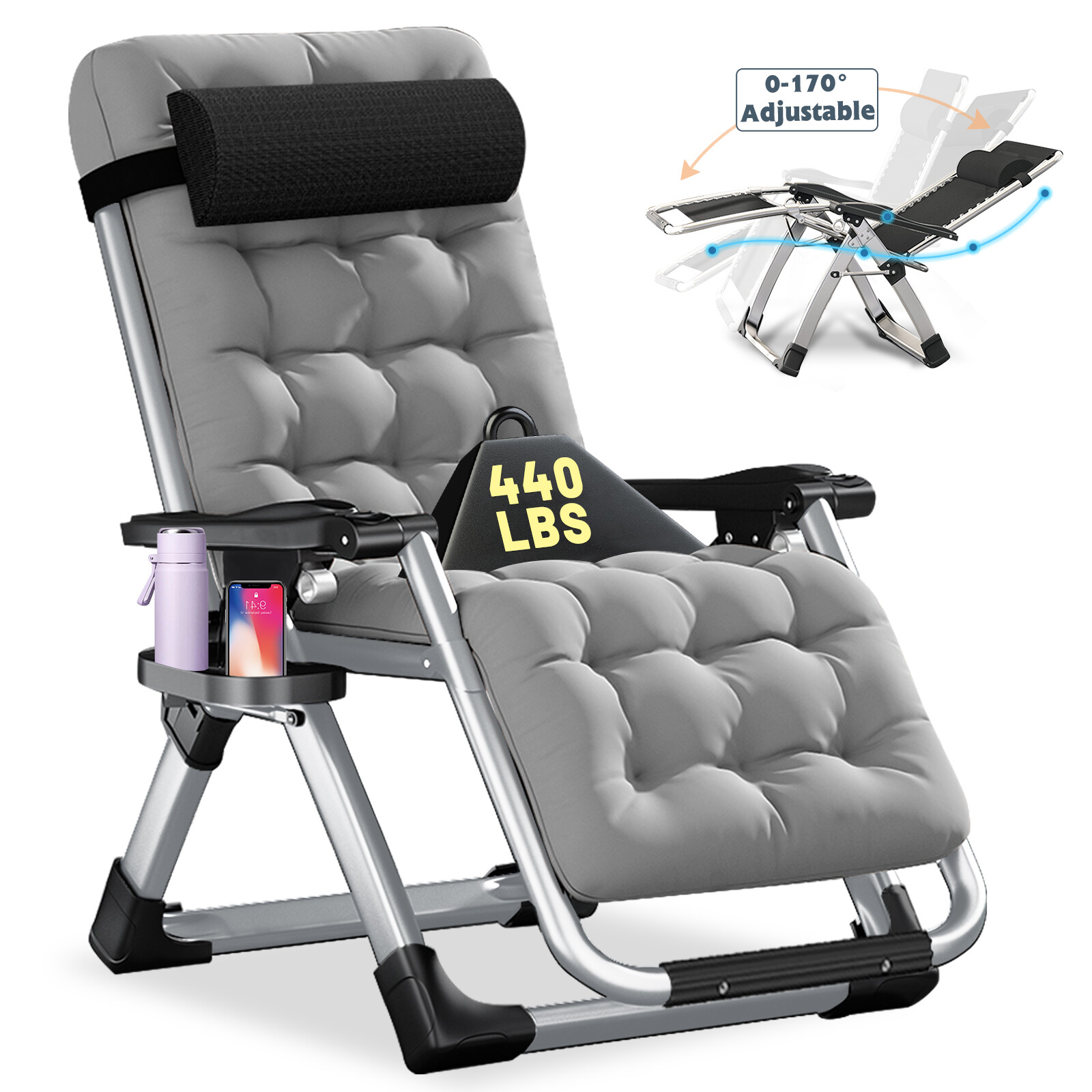 MOPHOTO Adjustable Zero Gravity Chair Folding Chair Recliner+Cup Holder &Mat gallery