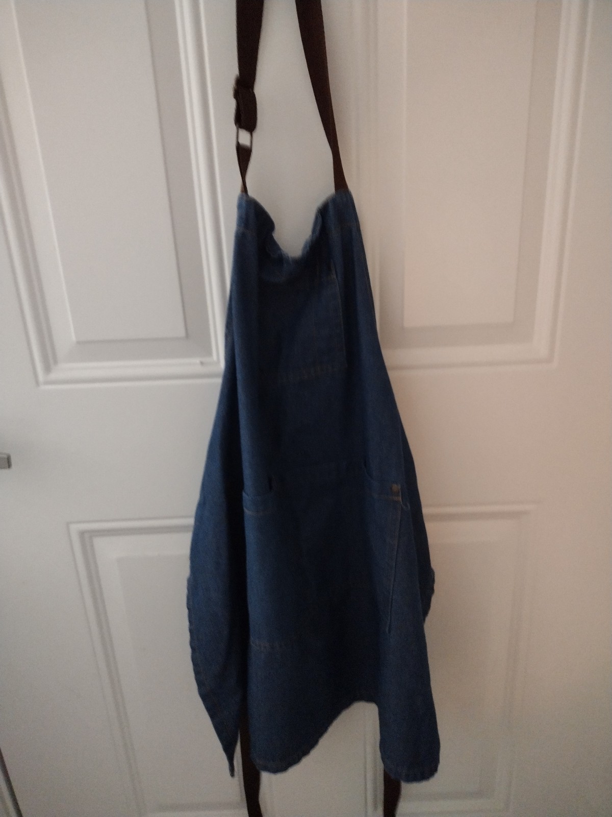 Blue Cotton Denim Apron With Pockets And Adjustable Neck Strap, Brown Straps gallery
