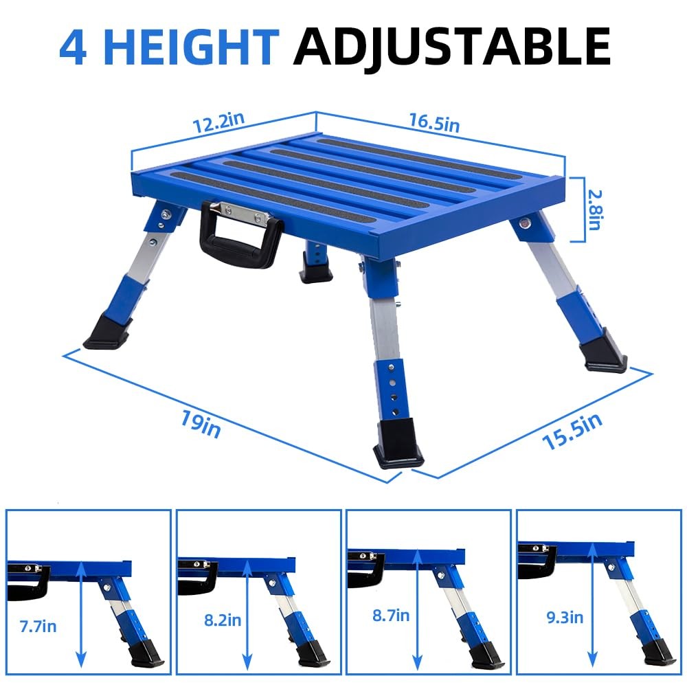 Aluminum RV Folding Step Stool Adjustable NonSlip 1000lb for Camper Blue gallery