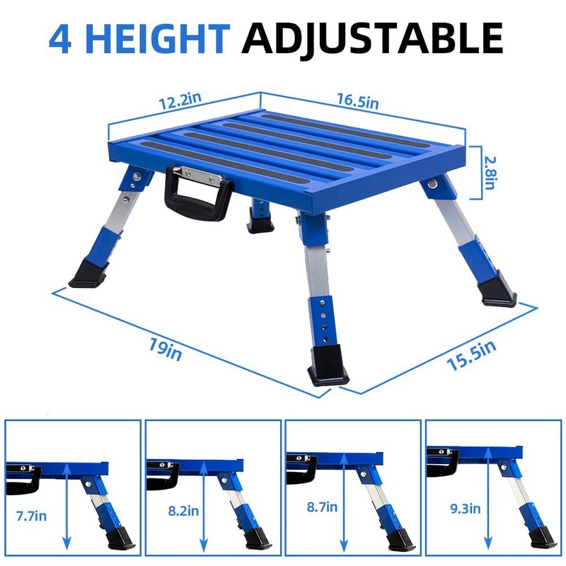 Aluminum RV Folding Step Stool Adjustable NonSlip 1000lb for Camper Blue gallery