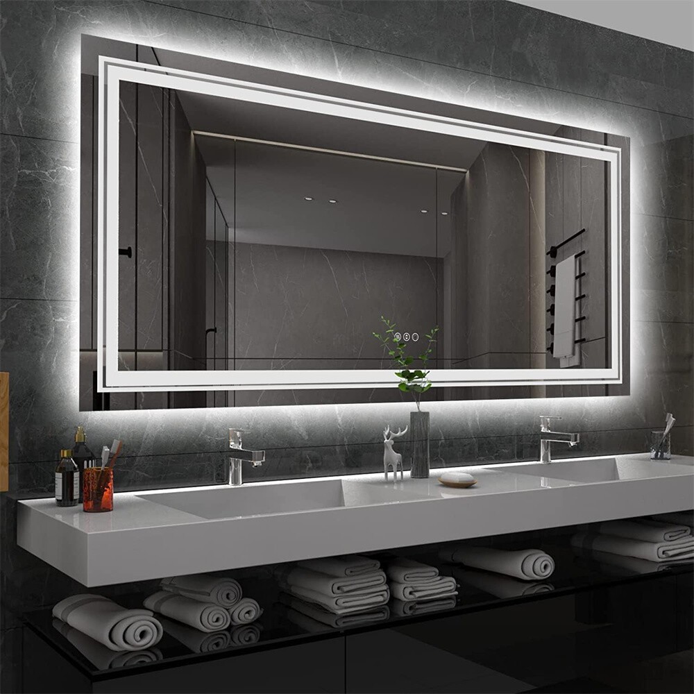 Large LED Bathroom Vanity Mirror Front & Backlight Anti-Fog Memory Dimmable