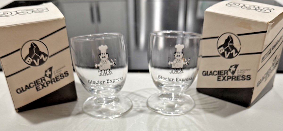 Glacier Express Swiss Train Slanted Wine Glass Original Box Set of 2 Vintage gallery