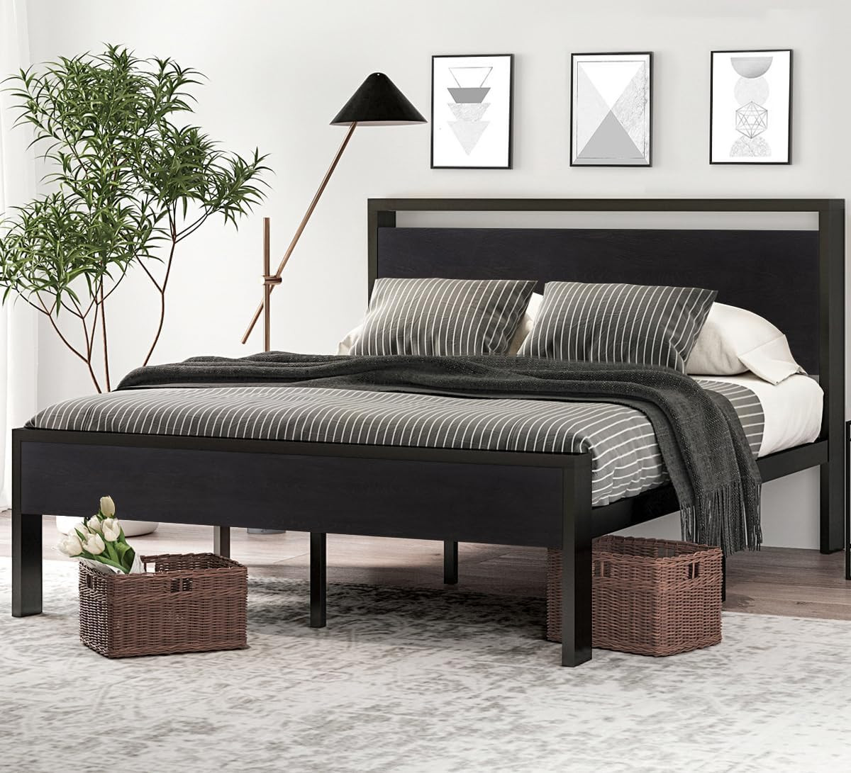 SHA CERLIN 14 Inch Full Size Metal Platform Bed Frame with Wooden Headboard and gallery
