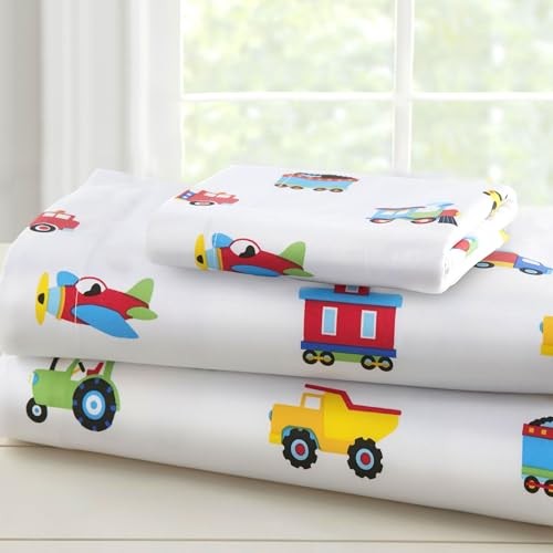 100% Cotton Toddler Sheet Set – Soft & Cozy Bed Sheets Trains, Planes, Trucks gallery