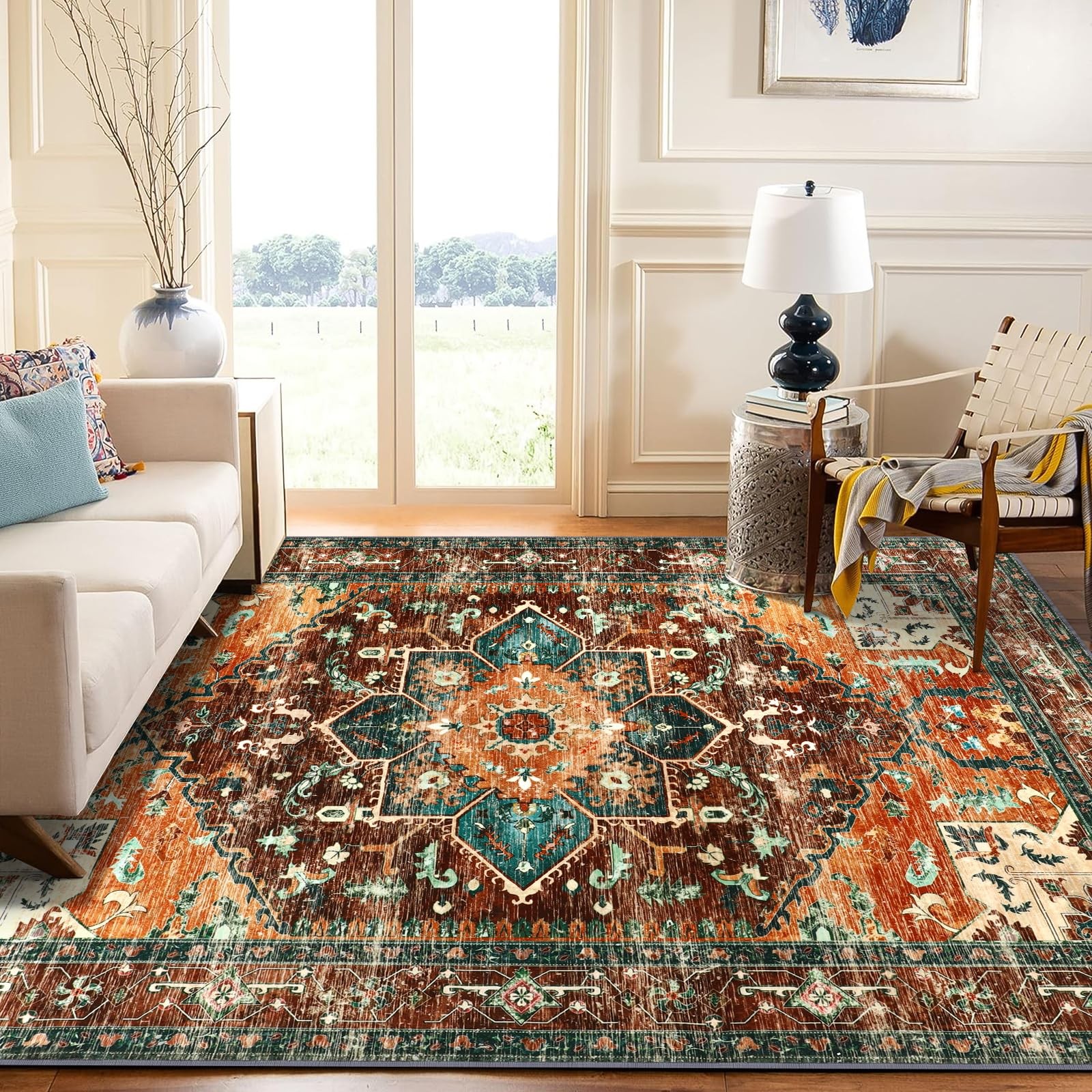 Area Rug 9x12 Non Slip Washable Boho Vintage Low Pile Faux Wool Yamaziot Large gallery