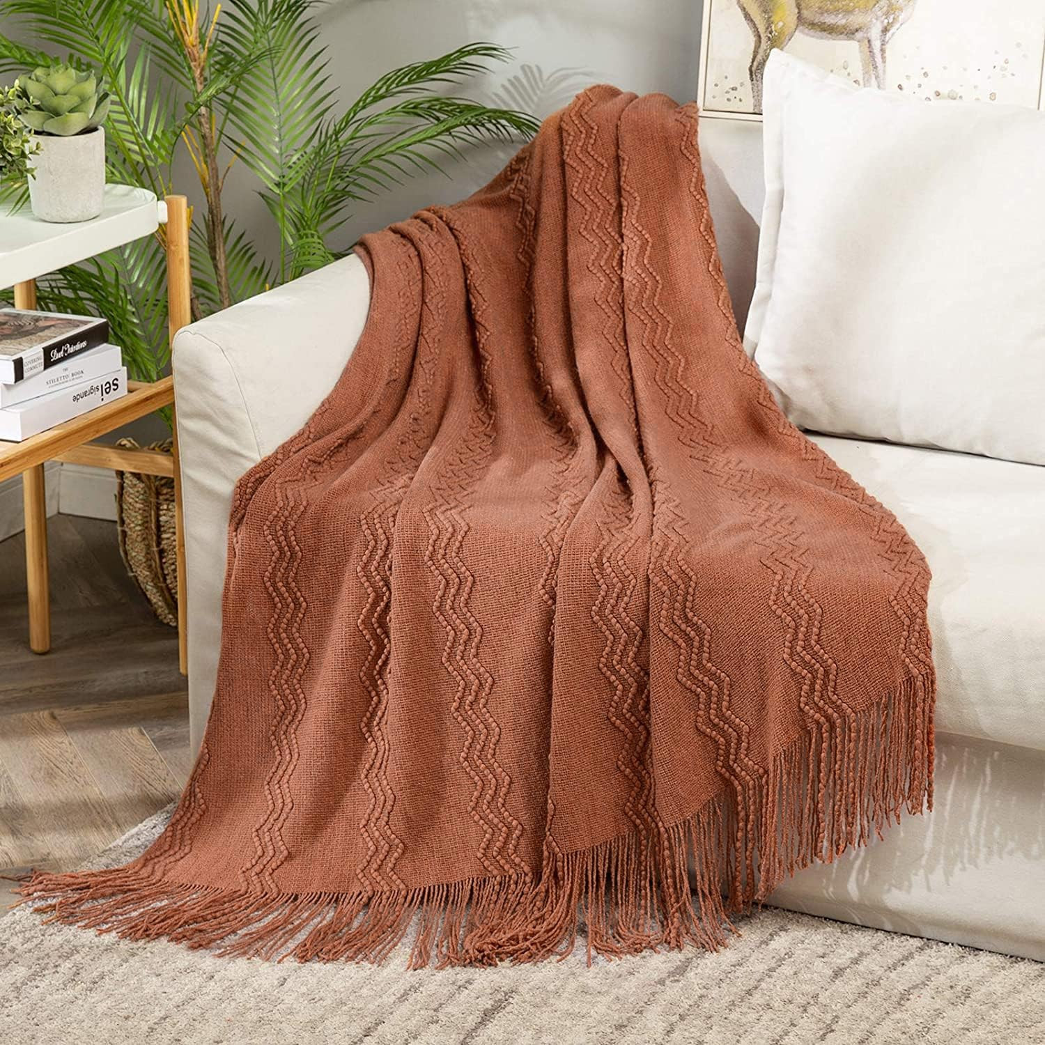 Knitted Boho Throw Blanket for Couch Textured Knit Terracotta Rust Blanket with gallery
