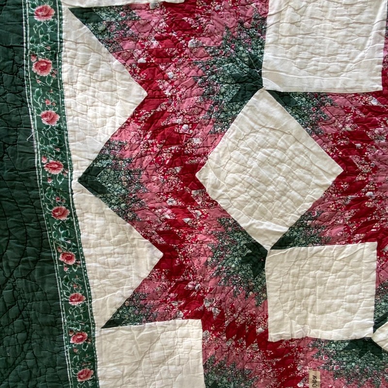 Handmade Lone Star Patchwork Quilt Pink Green Floral Hand Quilted Full Sz 86x94 gallery