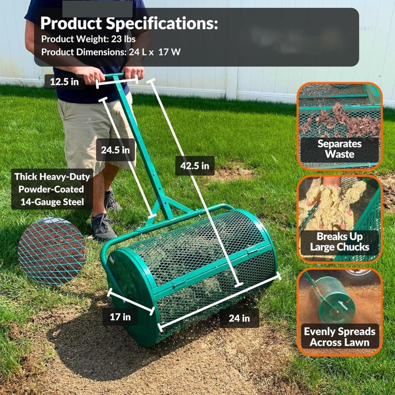 Compost and Peat Moss Spreader Roller 24In-Top Dressing Lawn and Garden Spreader gallery