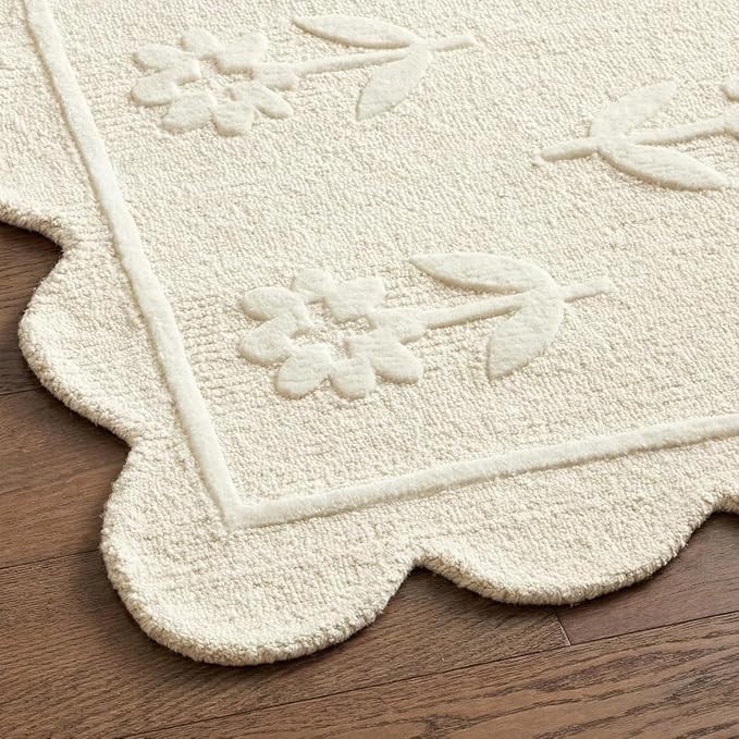 Hand Tufted Wool Rug - Elegant Wavy Border & Raised Floral Design - Modern Boho gallery