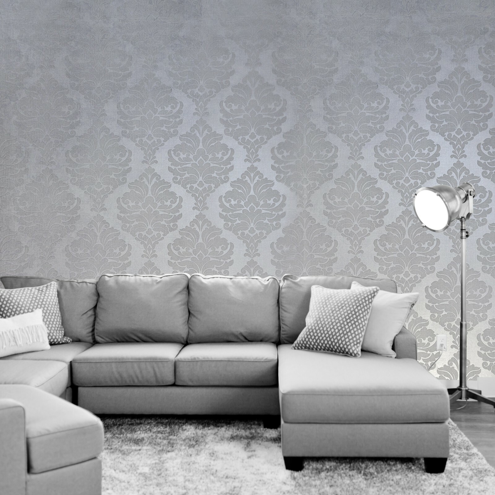 Wallpaper flocking gray silver Metallic Flocked damask velvet wall coverings 3D gallery