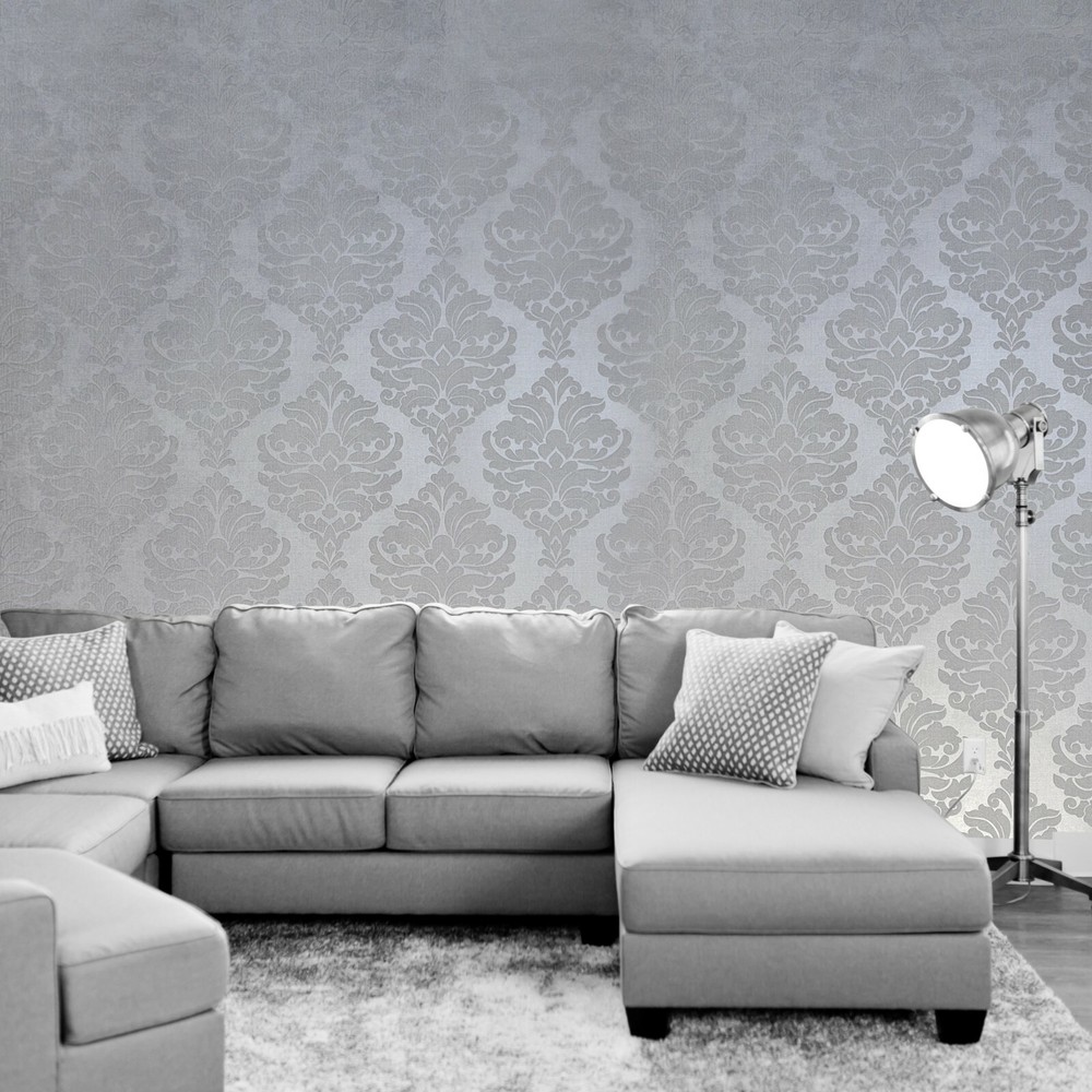 Wallpaper flocking gray silver Metallic Flocked damask velvet wall coverings 3D