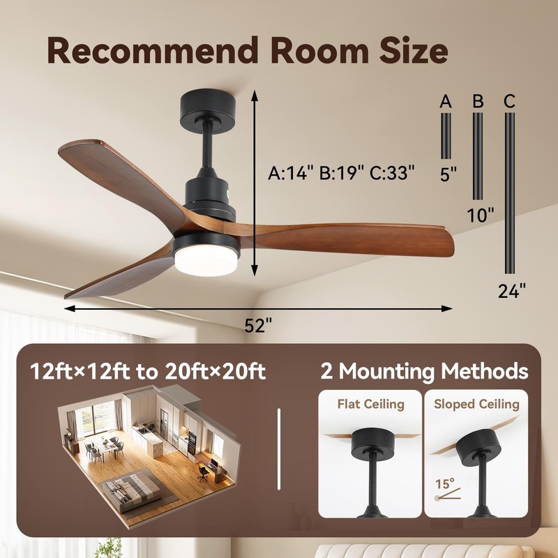 Sofucor 52 Inch Ceiling Fans with Lights & Remote, Low Profile Ceiling Fan Light gallery