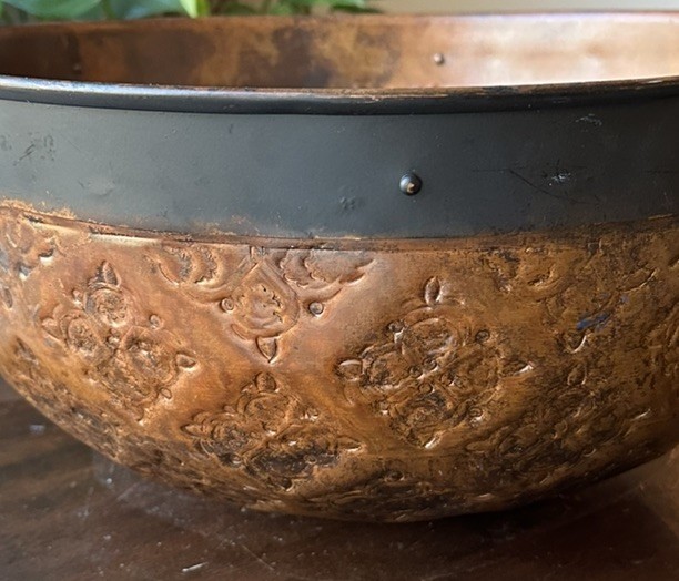 Embossed Rustic Metal Riveted Decorative Bowl With Handles HTF gallery
