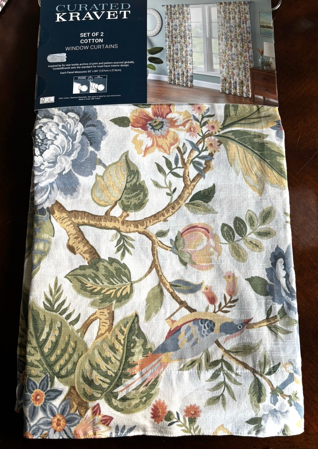 NWT Curated Kravet 2 pc Window Curtains Jacobean Floral Birds Cotton 50" x 84" gallery