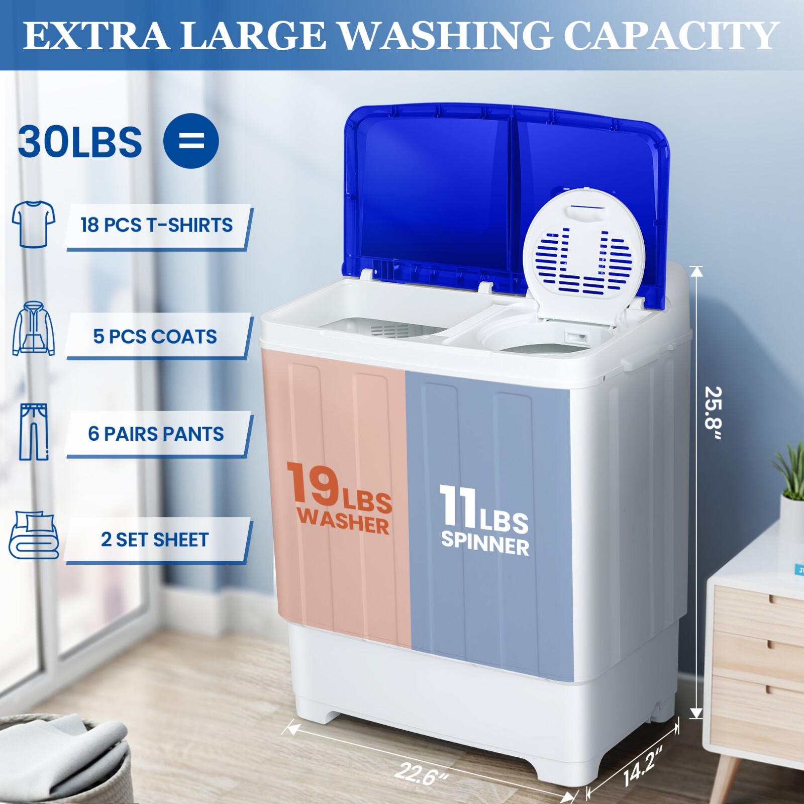 30LBS Twin Tub Portable Washing Machine Mini Compact Laundry Washer Combo🔥 gallery