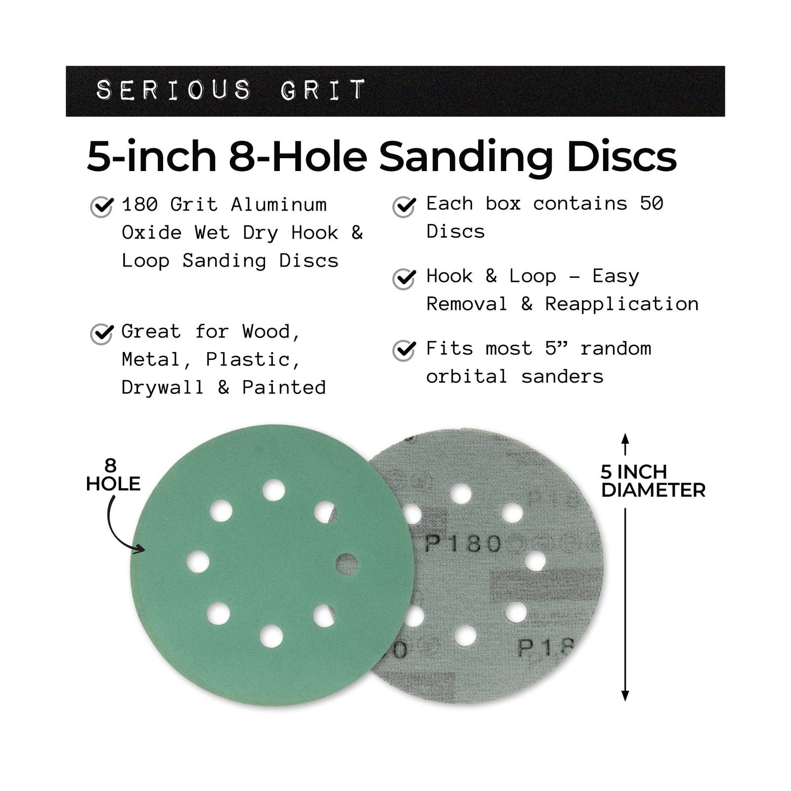 Serious Grit Sanding Discs 5 Inch 8 Hole 180 Grit - Heavy-Duty Hook & Loop We... gallery