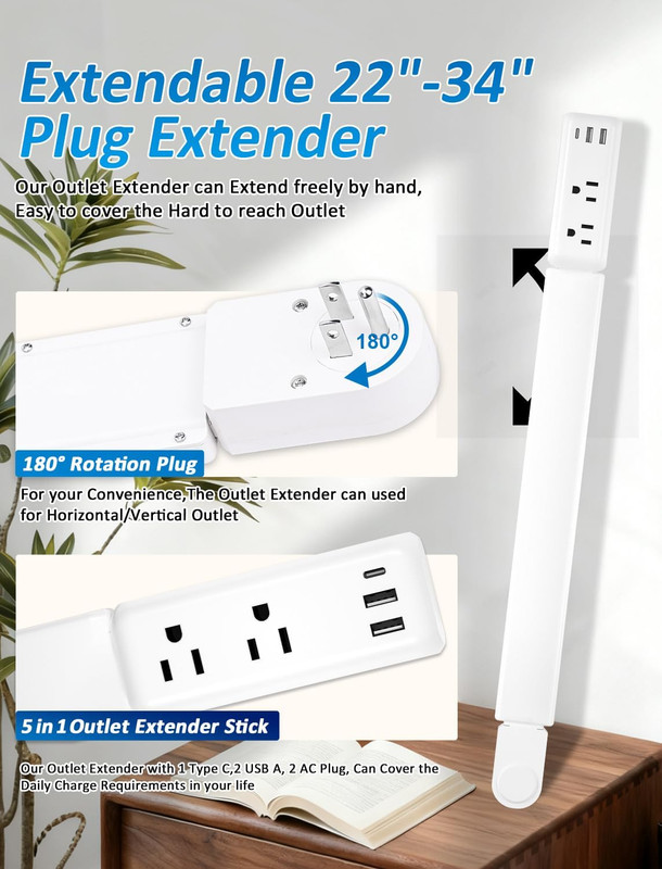 2Pack Vertical Outlet Extender with USB Ports & 180° Rotation for Easy Access gallery