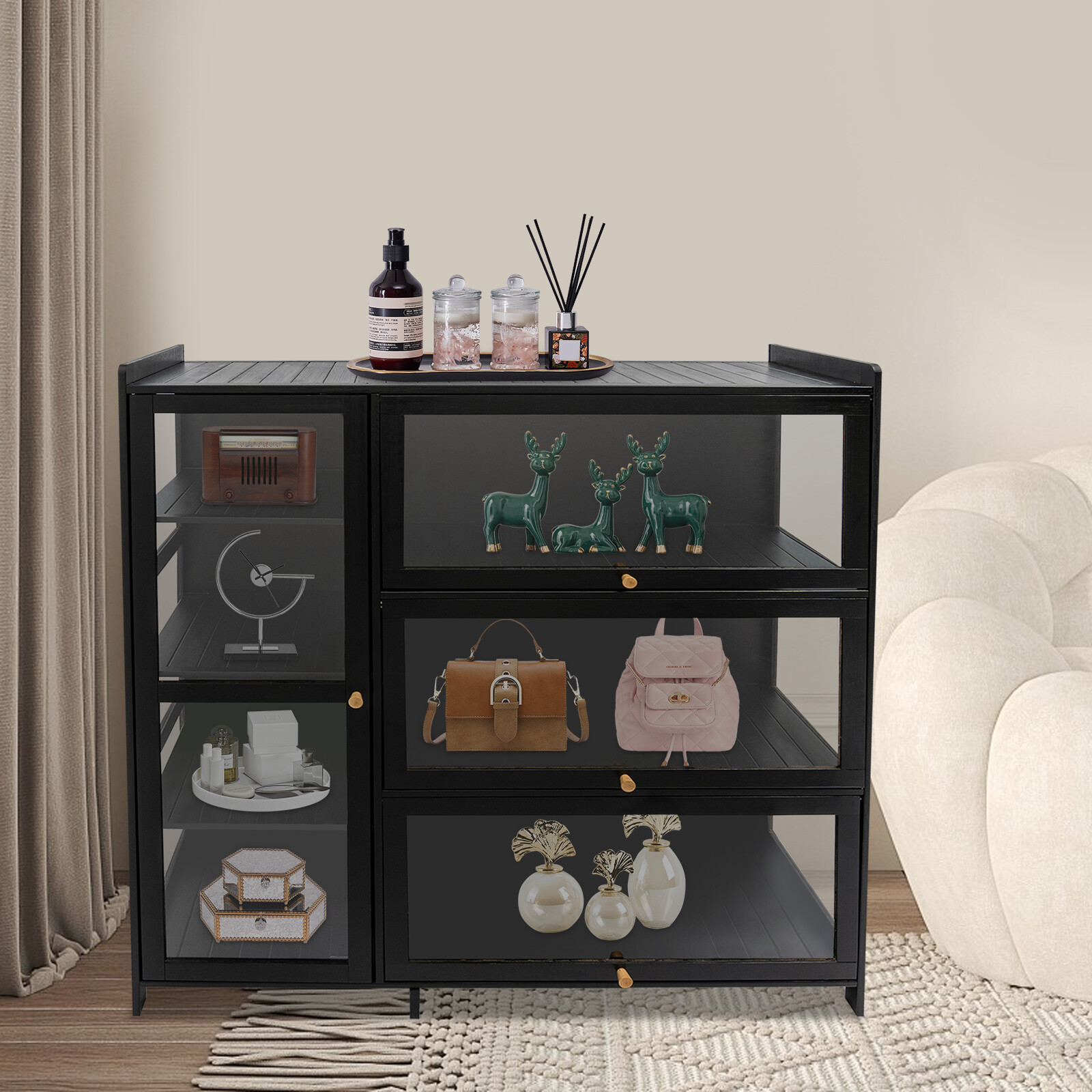Storage Cabinet Black 33lbs-Load Display Cabinet FloorMount for kitchen/study gallery