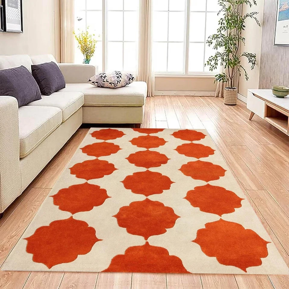 Modern Orange & Ivory Geometric Wool Rug – Hand-Tufted Minimalist Carpet Soft gallery