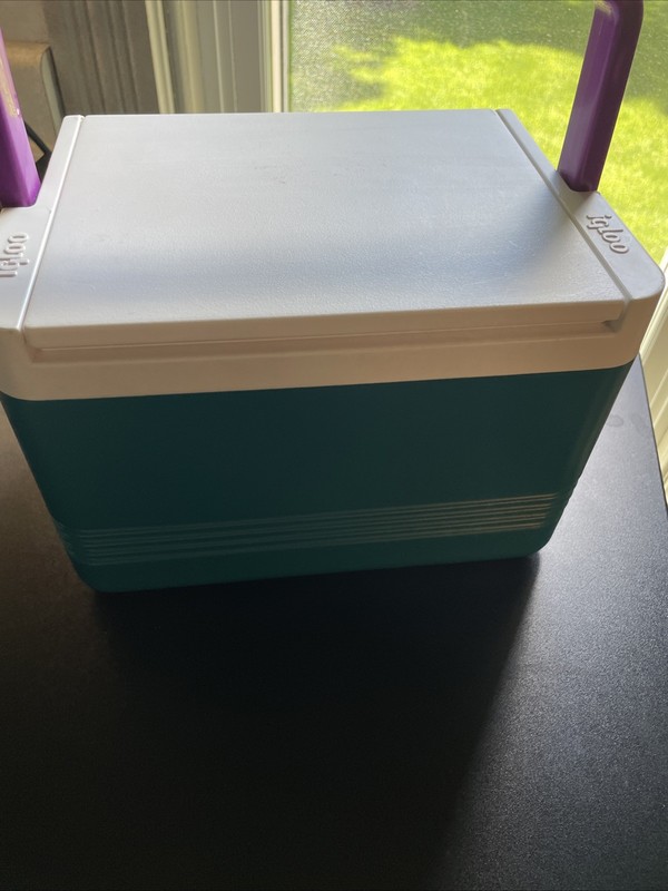 Igloo Legend 6-Can Personal Cooler Teal Green White Lid Purple Handle Clean gallery