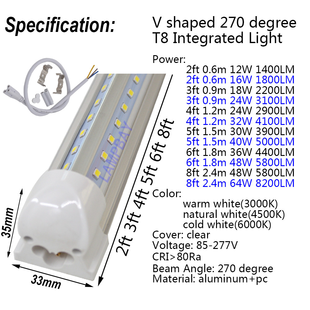 LED Tube Lights V shaped 2ft 3ft 4ft 5ft 6ft 8ft Bar Lamp T8 Integrated Fixture gallery