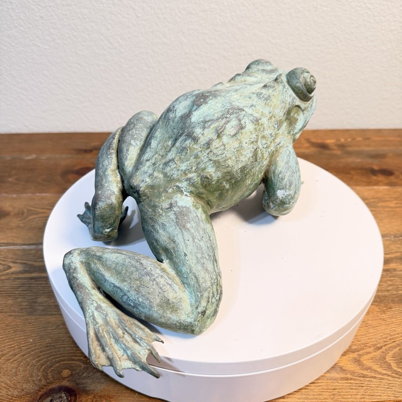 Heavy Bronze Statue Croaking Frog in Green Patina for water fountain feature 12" gallery