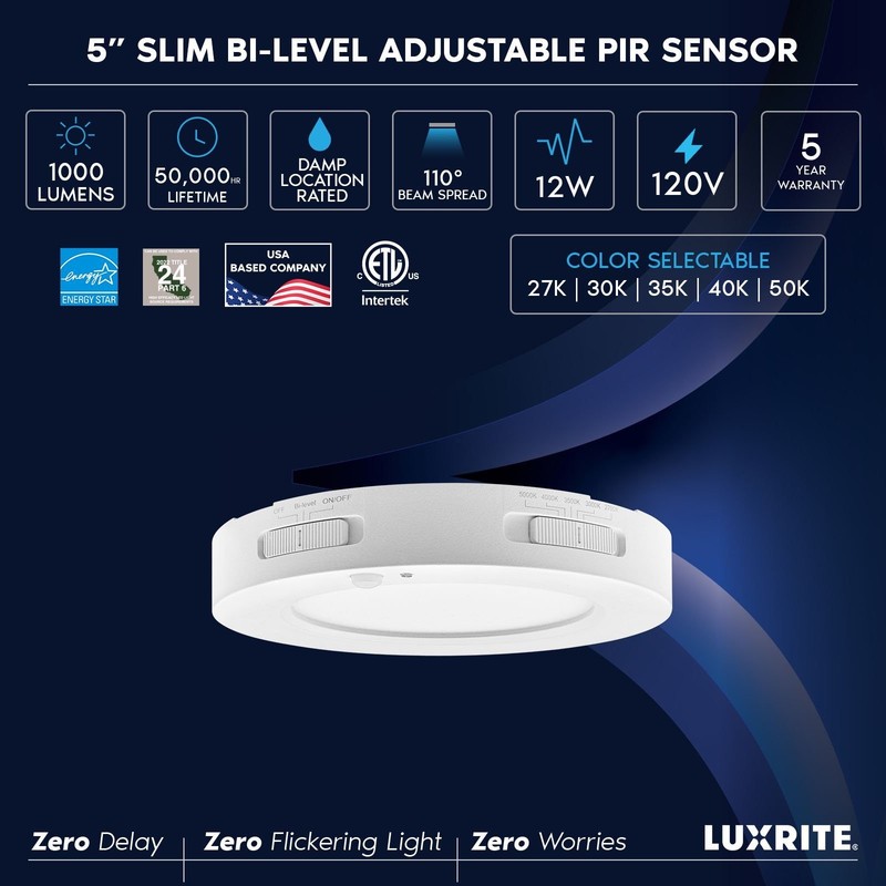 LUXRITE 5" LED Flush Mount Light + Motion Sensor, 12W, 1000LM, 5CCT Dimmable ETL gallery