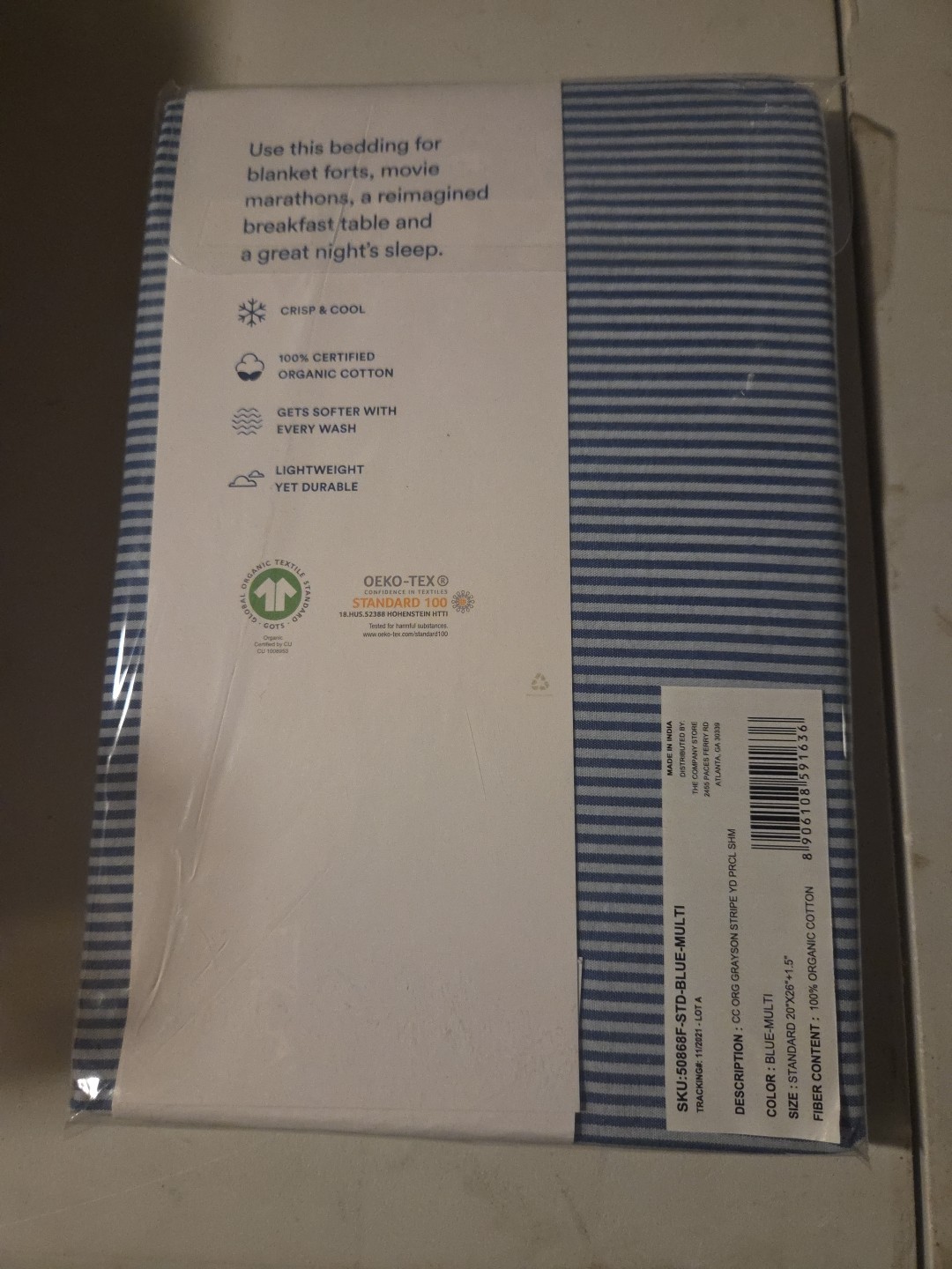 NEW The Company Store Organic Percale 1pc Pillowcase Standard 20x26 Blue/multi gallery