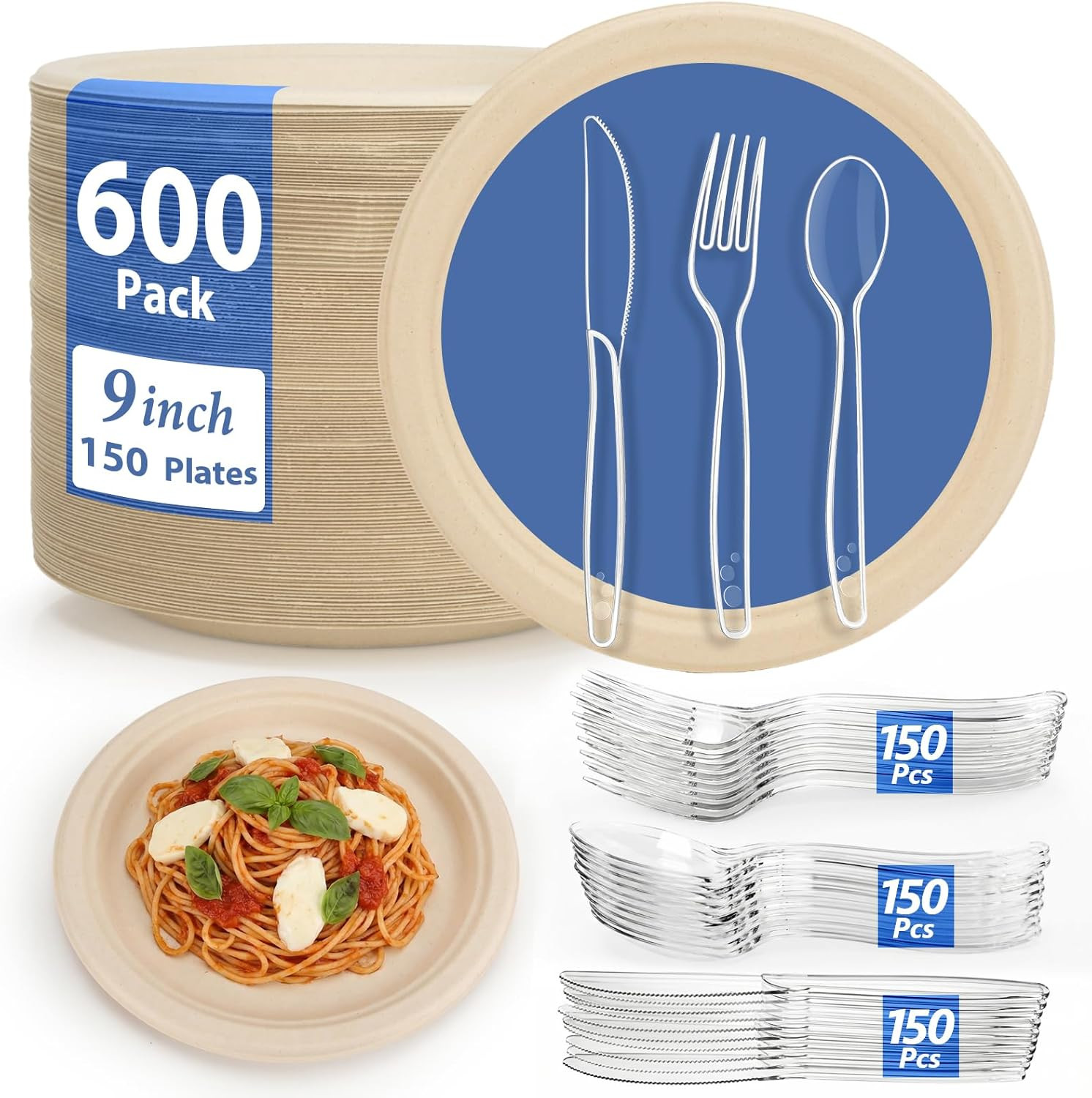 600 Pack 9 Inch Heavy Duty Disposable Plates Set for 150 Guest,Include Compostab gallery