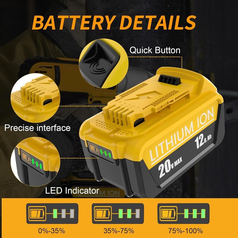 2Pack 12.0AH For DeWalt 20V 20 Volt Max XR Lithium Ion Battery DCB206-2 DCB205-2 gallery