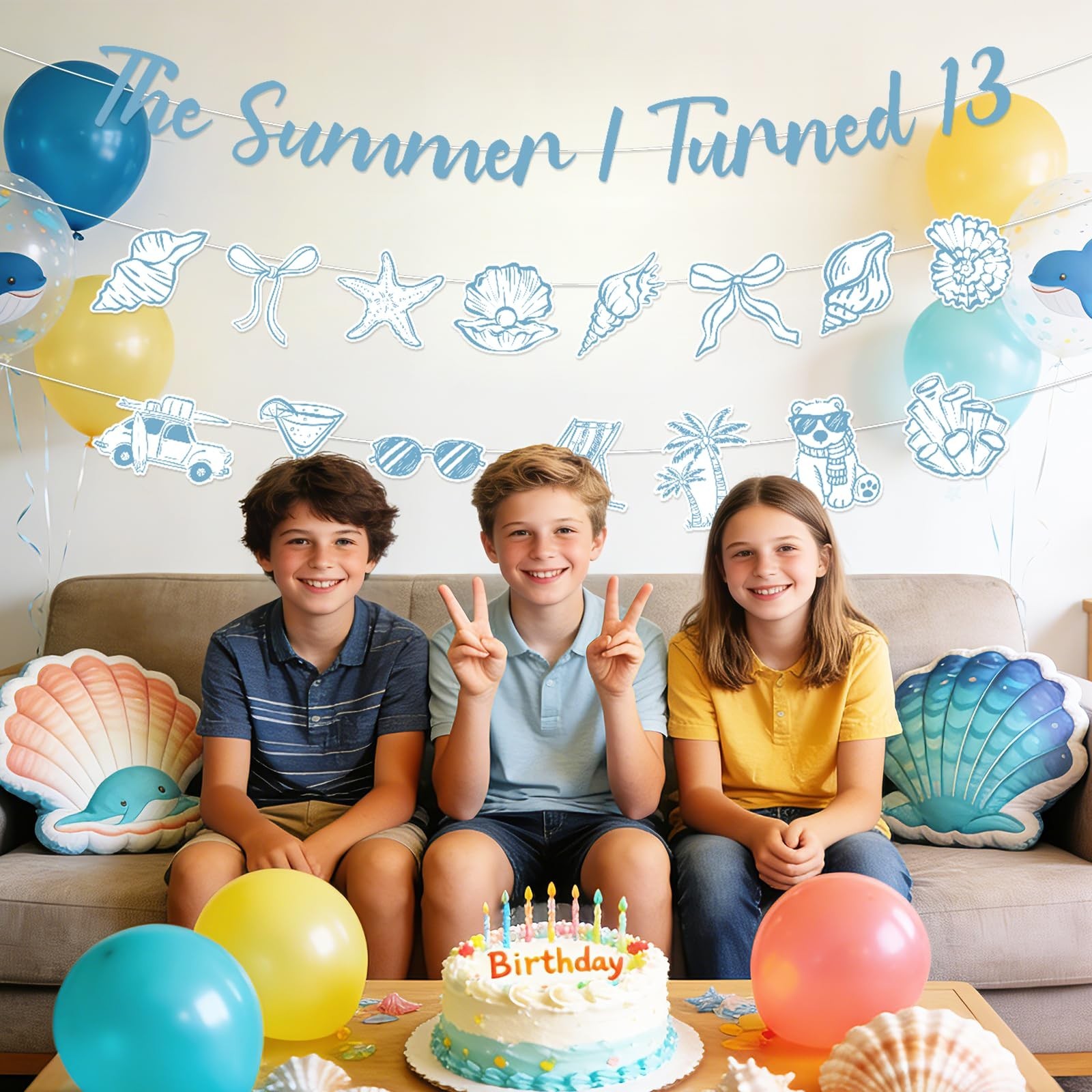 Coastal 13th Birthday Decorations - 3 Pcs Blue Banner & Beach Party Supplies gallery