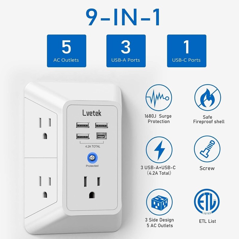 5 Outlet Extender Multi Plug Wall Outlets with 4 USB Charging Ports 1 USB C O... gallery