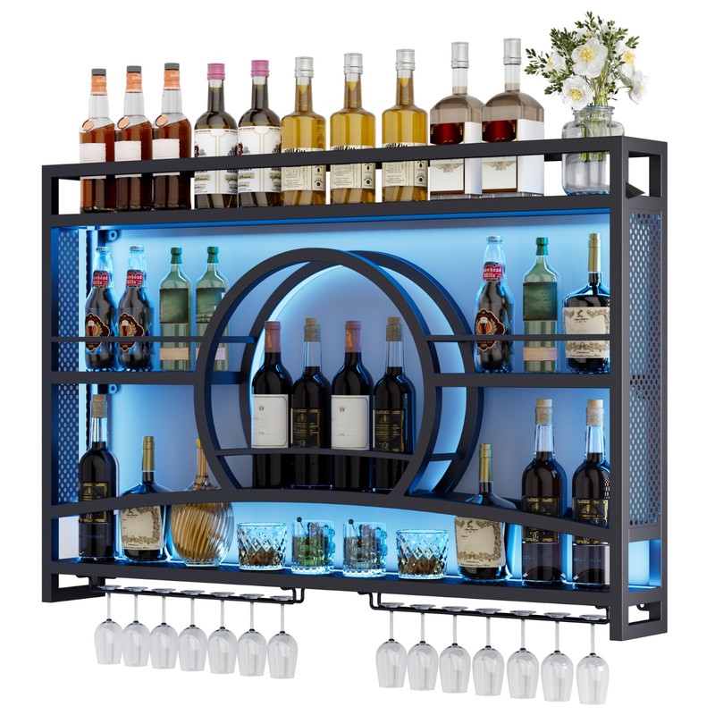 3-Tier Fully Assembled Wine Rack Wall Mounted LED Lighted Liquor Display Shelf gallery