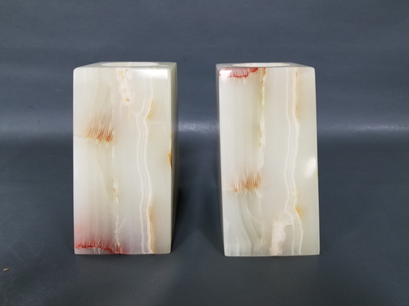 VTG 5" Tall Solid Onyx Red / Gold / Tan Veined Candleholder Bookends - Slanted gallery