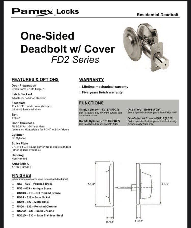 Pamex FD2P6 One-Sided Deadbolt with Cover Satin Nickel Adjustable Backset gallery