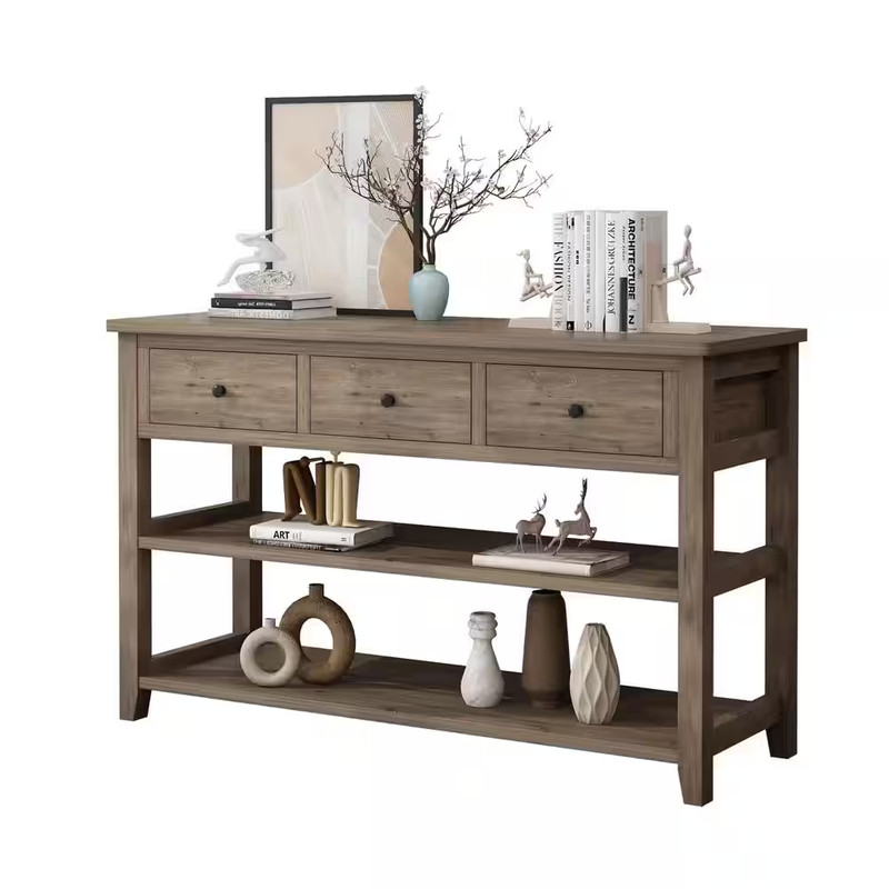 47.25 In. Washed Grey Rectangle MDF Console Table with 3-Drawers and 2-Shelves gallery