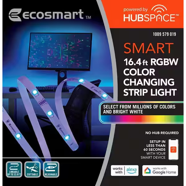 EcoSmart Smart RGBW Color Changing Dimmable Plug-In LED Strip Light 16.4 ft. gallery