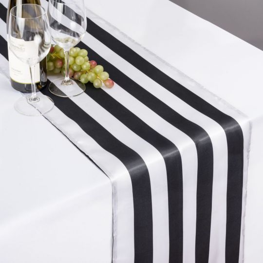 12"x108" INCH SATIN BLACK & WHITE STRIPED TABLE RUNNER CHARMEUSE PRINT SILK USA gallery