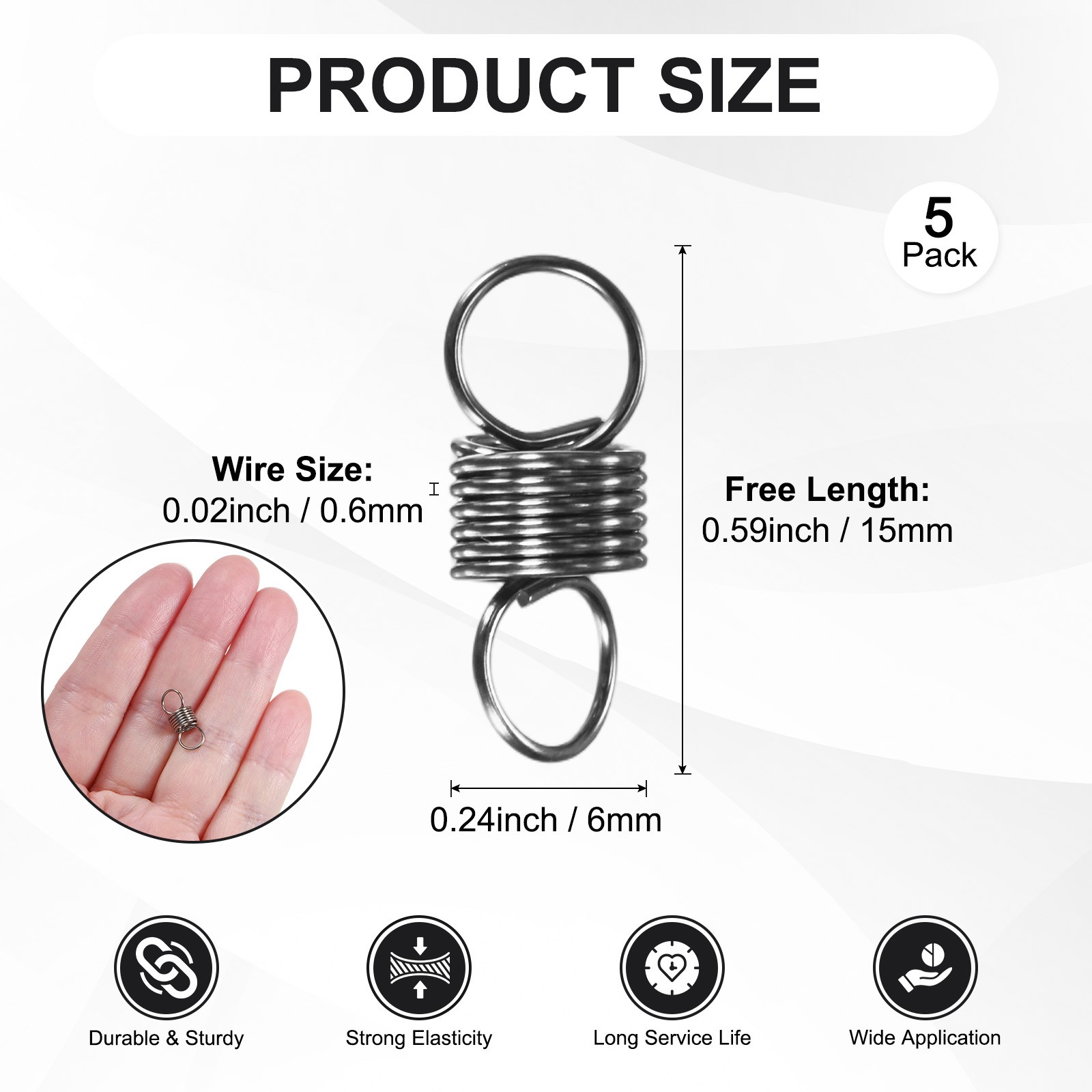 5-Pack Extension Springs, 15mm Length 6mm OD [Silver Tone, 0.6mm Wire Size] gallery