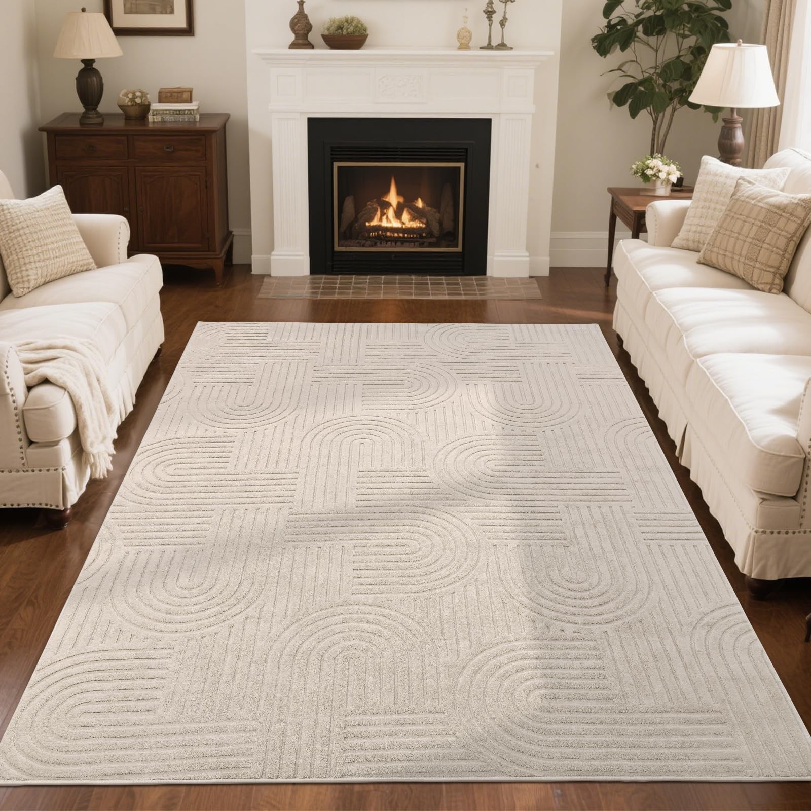 SHACOS 5x7 Area Rug Arch Pattern High Low Pile Washable Beige gallery