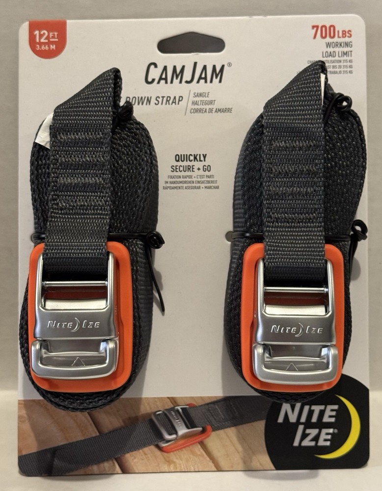 Nite Ize 2-Pack CamJam Tie Down Straps, 12' - 700 lbs Working Load Limit Orange