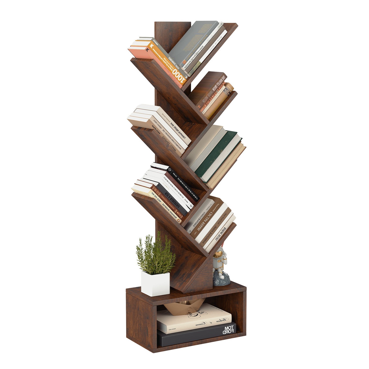 7 Tier Tree Bookshelf, Rustic Brown Floor Standing Bookcase with Storage Cabinet gallery