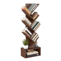 7 Tier Tree Bookshelf, Rustic Brown Floor Standing Bookcase with Storage Cabinet