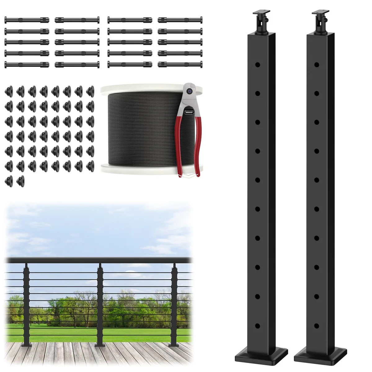RailinGo 36in Cable Railing Post Kit 2 Pack Black Stainless Steel Wire System gallery
