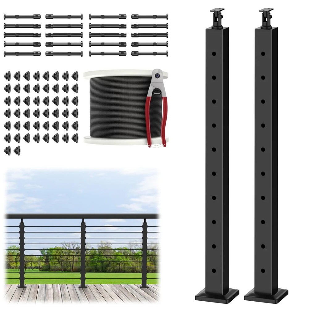 RailinGo 36in Cable Railing Post Kit 2 Pack Black Stainless Steel Wire System
