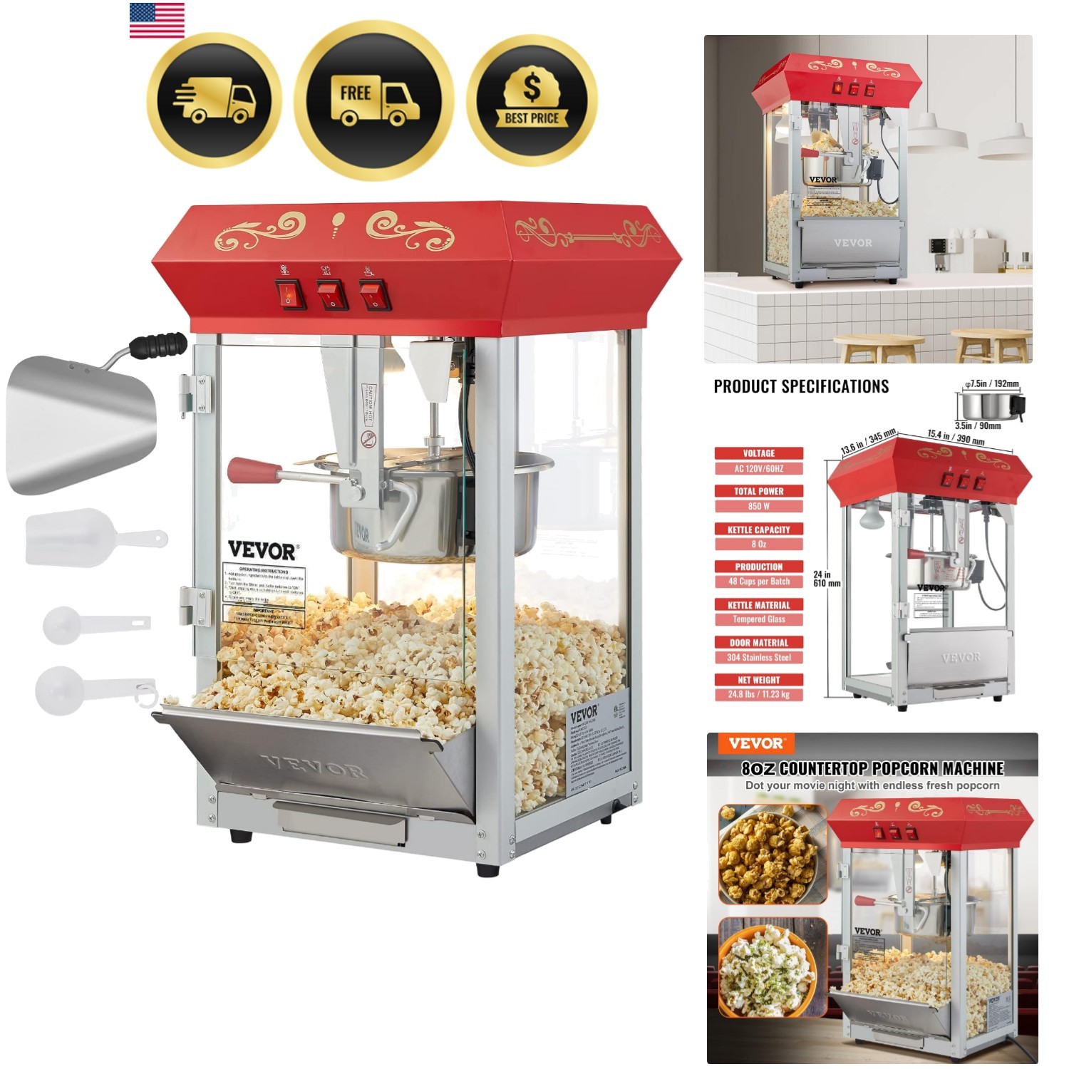 Commercial Popcorn Machine, 8 Oz Kettle, 850 W Countertop Popcorn Maker for 4... gallery