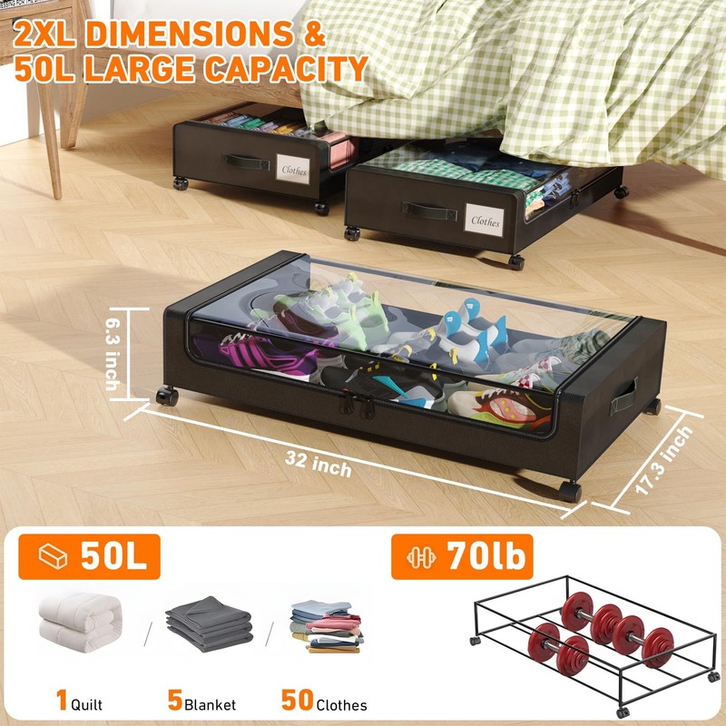 2 Pack Under Bed Storage with Wheels and Lids Storage Containers for Clothes gallery